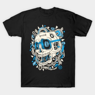 Skull Electrify Me Shark Teeth Blue Eyeglasses Broken Wood Forest Roots T-Shirt